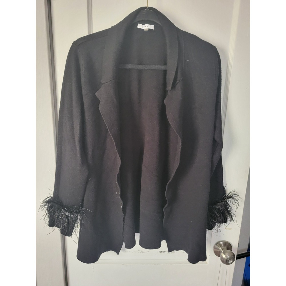 Sioni black open front‎ cardigan sweater with feathers on sleeve XL